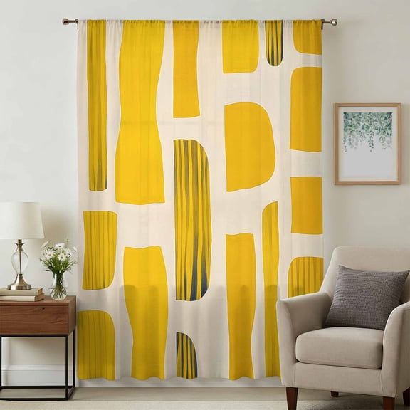 Yellow Black Sheer Curtains 63 Inches Long, Modernism Moire Contemporary Abstract Light Filering Curtains, Breathable Simi Curtain Privacy Drapes for Living Room Bedroom Lightweight Window Treatment