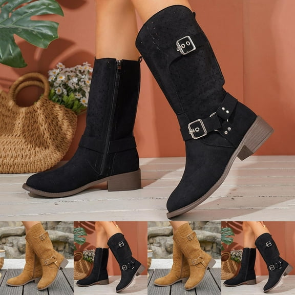 Miluxas Boots for Women Low Heel Leather Chunky Heel Mid Calf Round Toe Boots Slip on Slouchy Fashion Retro Side Zipper Fall Winter Comfortable Warm Shoes Brown 9(42)