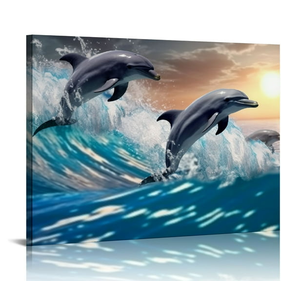 JRXY Wall Decorations For Living Room Large Size Canvas Wall Art For Bedroom Blue Waves Of The Sea Wall Pictures Artwork Modern Office Canvas Art Print Dolphins Wall Paintings