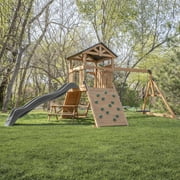Backyard Discovery Endeavor II Cedar Wood Swing Set, Slide, Play Deck, Double Rock Wall
