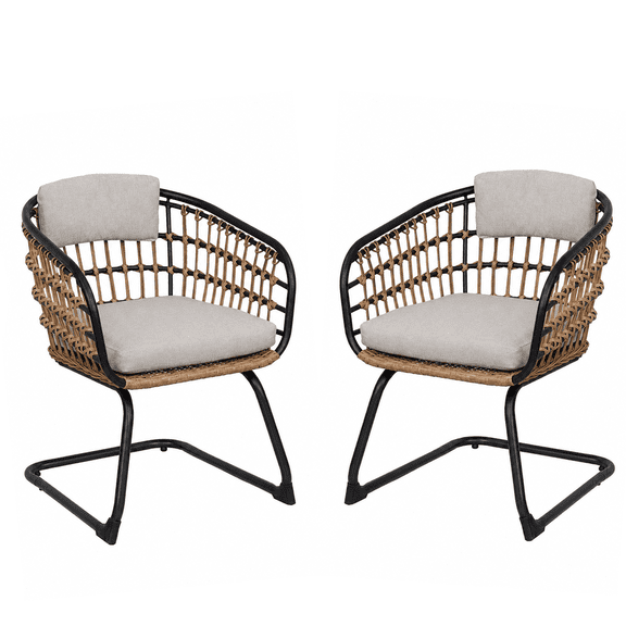 Set of 2 Wicker Dining Chair with Cushion, Rattan Armchair for Kitchen Dining Room Living Room Balcony, Modern Bohemian Style Seating