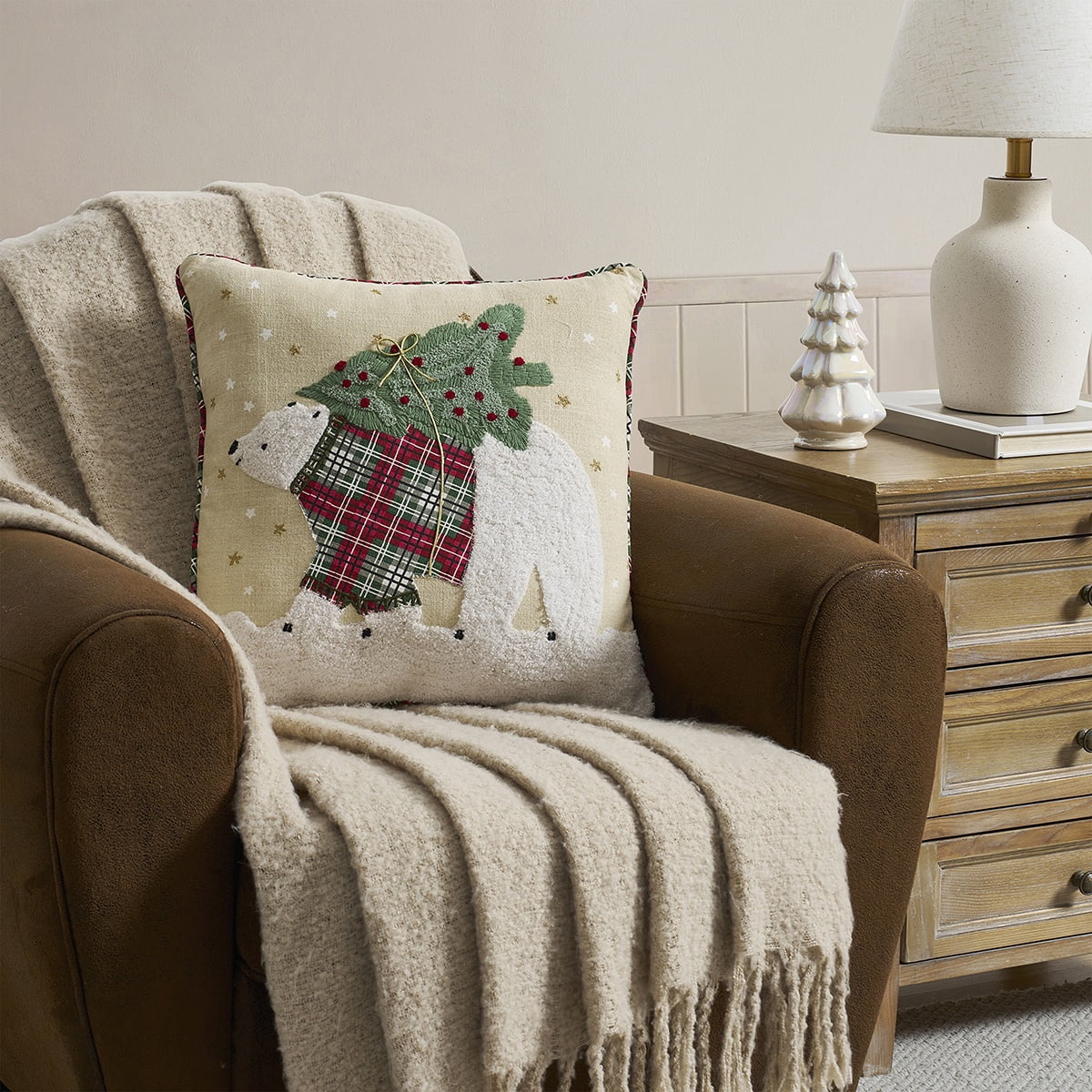 Hallmark 18" x 18" Beige Polar Bear Holiday Decorative Pillow