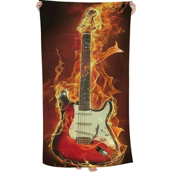 PHYHOO Fire Guitar Microfiber Beach Towel, Music Guitar Large Oversized Beach Towel Lightweight Quick Dry Soft Absorbent Bath Towel, Sand Free Towel for Swimming Travel Sports 30x60in