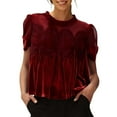 thumbnail image 2 of yoeyez Velvet Tops for Women Vintage Embroidery Velour Cropped Shirts Puff Short Sleeve Lace Trimmed Blouse Elegant Loose Flared Swing Top, 2 of 6