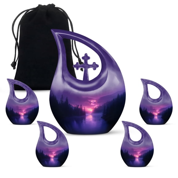 MUKTIVE Forest Burial Urns for Adult Human Ashes, Purple Funeral Urns for Human Ashes Adult for Burial & Cremation, Combo Sets Urn for Women & Men With Velvet Bag, (1 Large 10 ", 4 Keepsake 3 ")