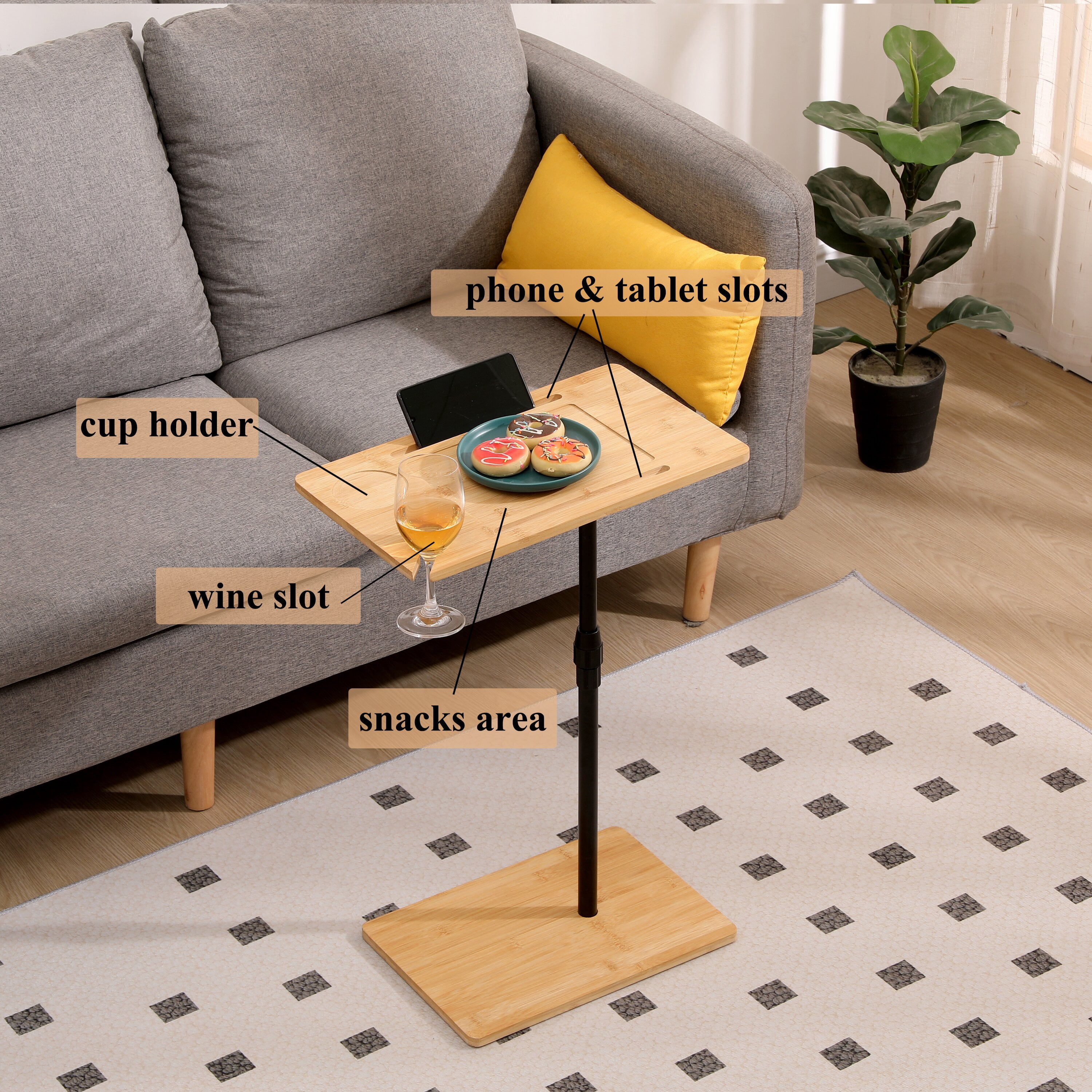 Yoneston Natural C-Shaped End Table Rotating Adjustable Height Couch Tray Table Bedside Table with Wine Slots & Phone Holder for Bed Sofa Bathtub, Rectangle