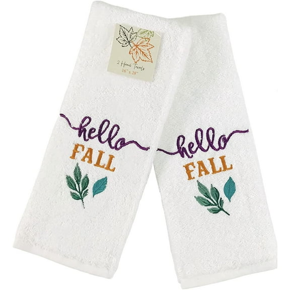Serafina Home Fall Decor Hand Towels: Ivory Cotton Towels with Hello Fall Leaves, 2 Piece Set, 16" x 28" Inch (Hello Fall)