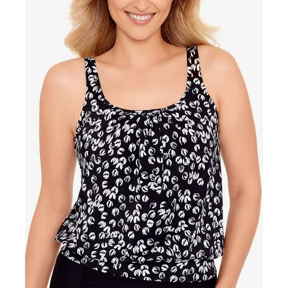 Swim Solutions BLACK WHITE Printed Shirred-Neck Tankini Swim Top, US 12