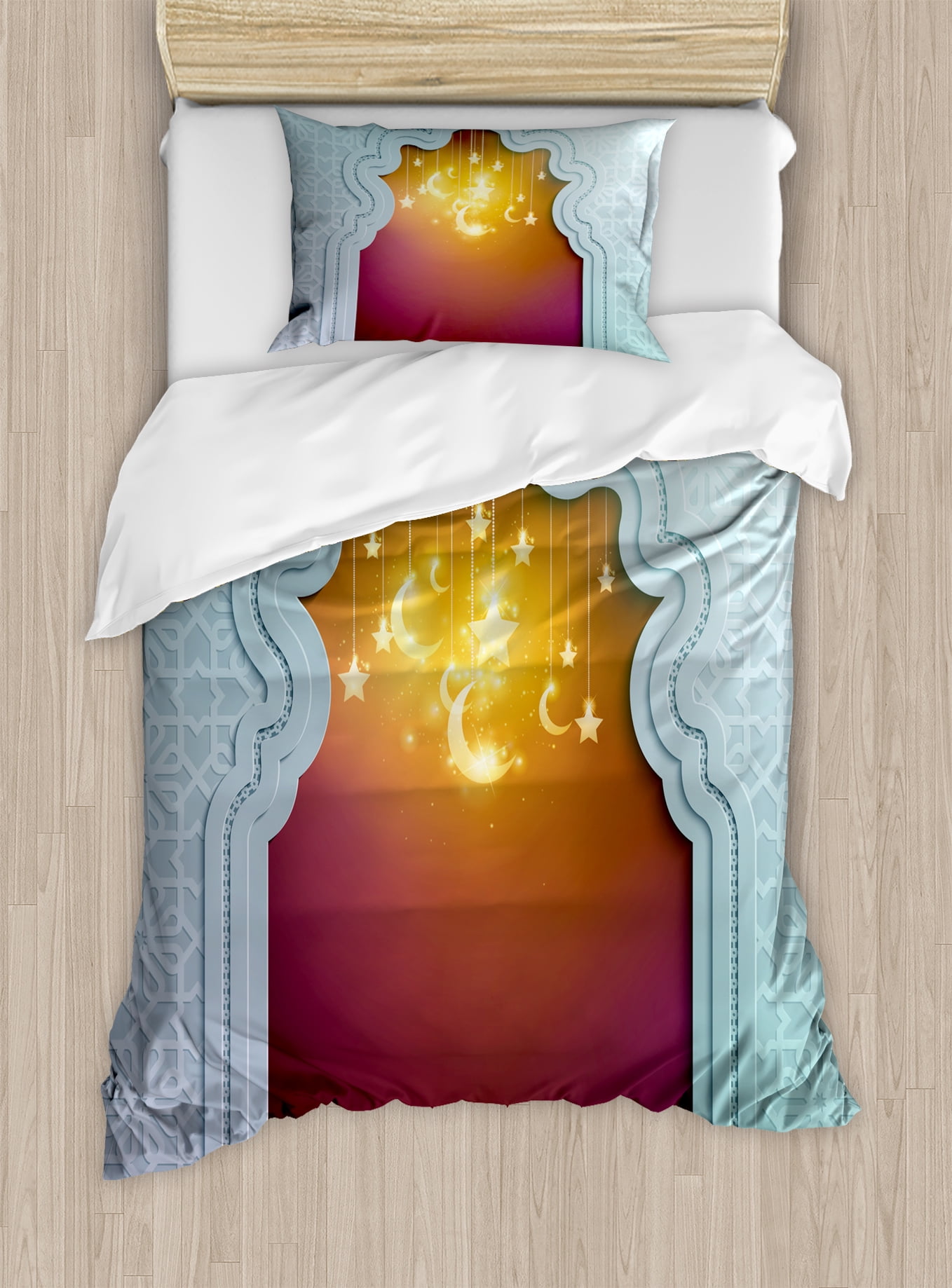 Moroccan Twin Size Duvet Cover Set, Mosque Door with Star and Moon Art Arabic... by Kozmos