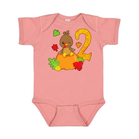 

Inktastic Second birthday turkey on pumpkin Gift Baby Boy or Baby Girl Bodysuit