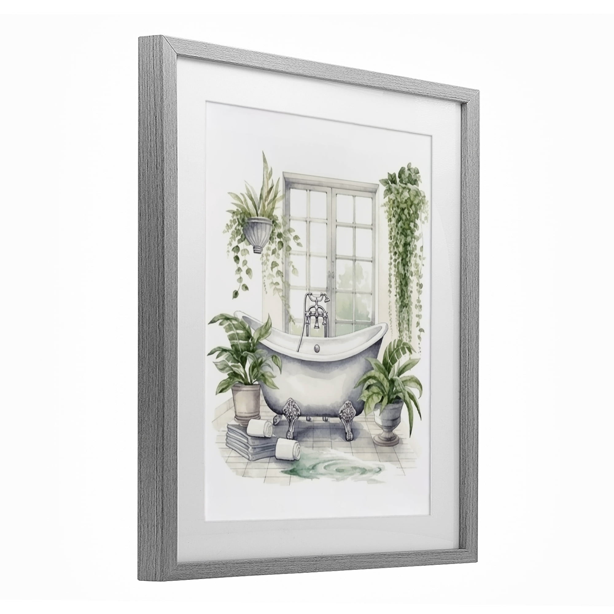 Lush Greenery Bathtub & Window Gray Framed Print Under Glass, design by Lettered and Lined