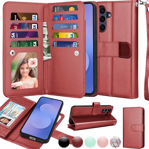 Wallet Case for Samsung Galaxy S25 FE 5G 2025 Wallet Case ,[9 Card Slots] Luxury PU Leather Credit Holder Carrying Folio Flip [Detachable] Kickstand Magnetic Phone Cover & Lanyard [Wine]