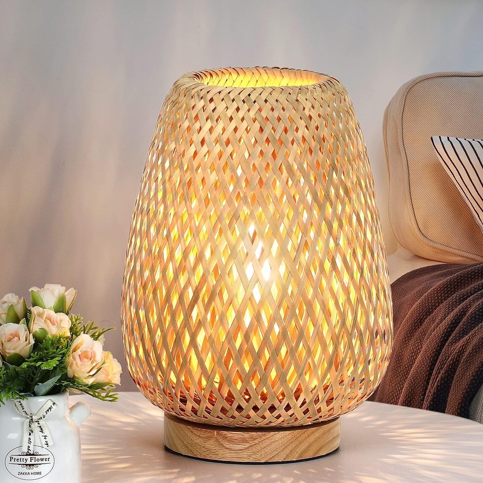 MEHOOM Rattan Table Lamp for Bedroom, Dimmable Unique Bedside Lamp, Farmhouse Desk Lamp for Bedroom, Living Room, Boho Rustic Decor (Natrue Bamboo)