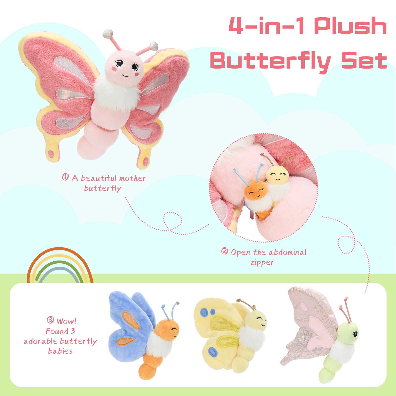 MorisMos Butterfly Stuffed Animal Set,Stuffed Butterfly with 3 Baby Plush Toys