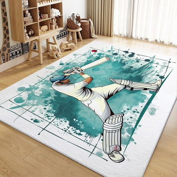 Living Room Area Rugs, Sports Baseball Player Printed Carpet, White Washable Rectangle Rug, Soft Low-Pile Carpet For Bedroom Dining Room Non-Slip Rug
