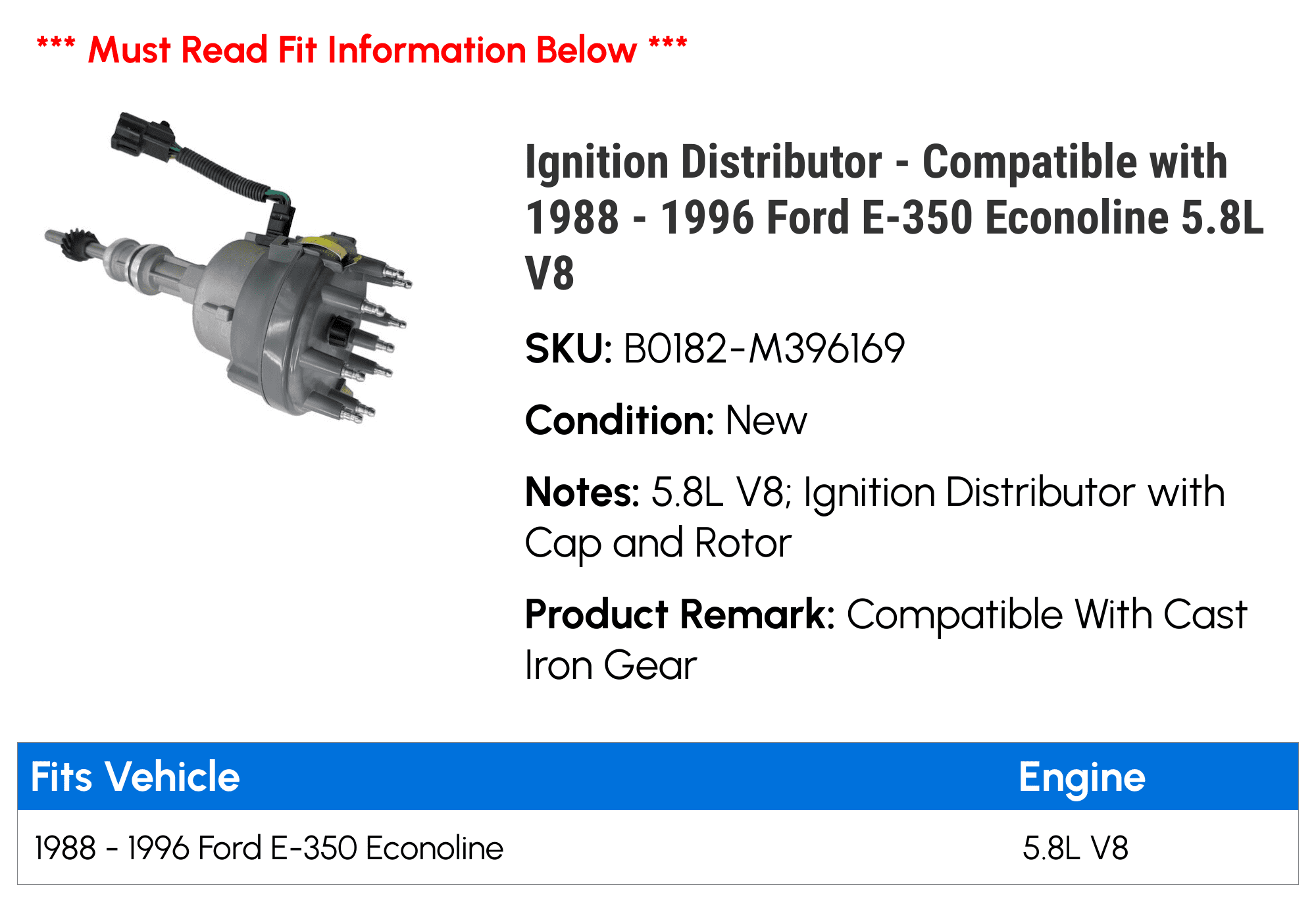 Ignition Distributor - Compatible with 1988 - 1996 Ford E-350 Econoline 5.8L V8 1989 1990 1991 1992 1993 1994 1995