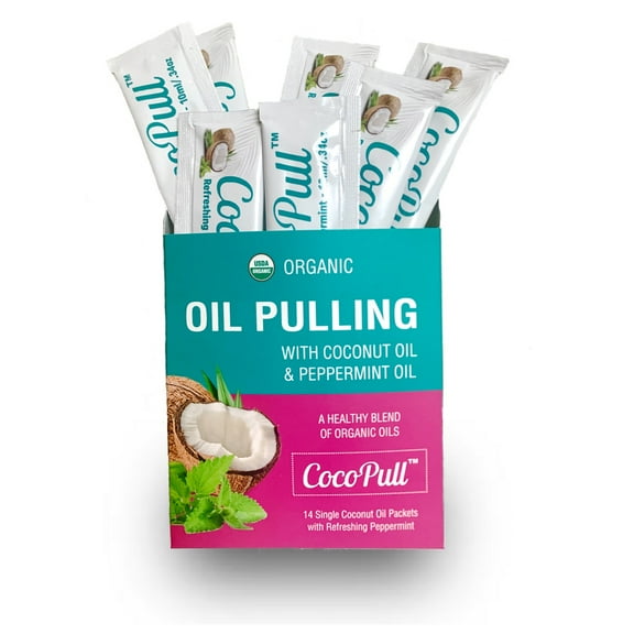 CocoPull Organic Oil Pulling is Coconut Oil and Peppermint Oil for Healthy Teeth & Gums, Bad Breath Remedy. Natural Teeth Whitening - 14 Packets per Box