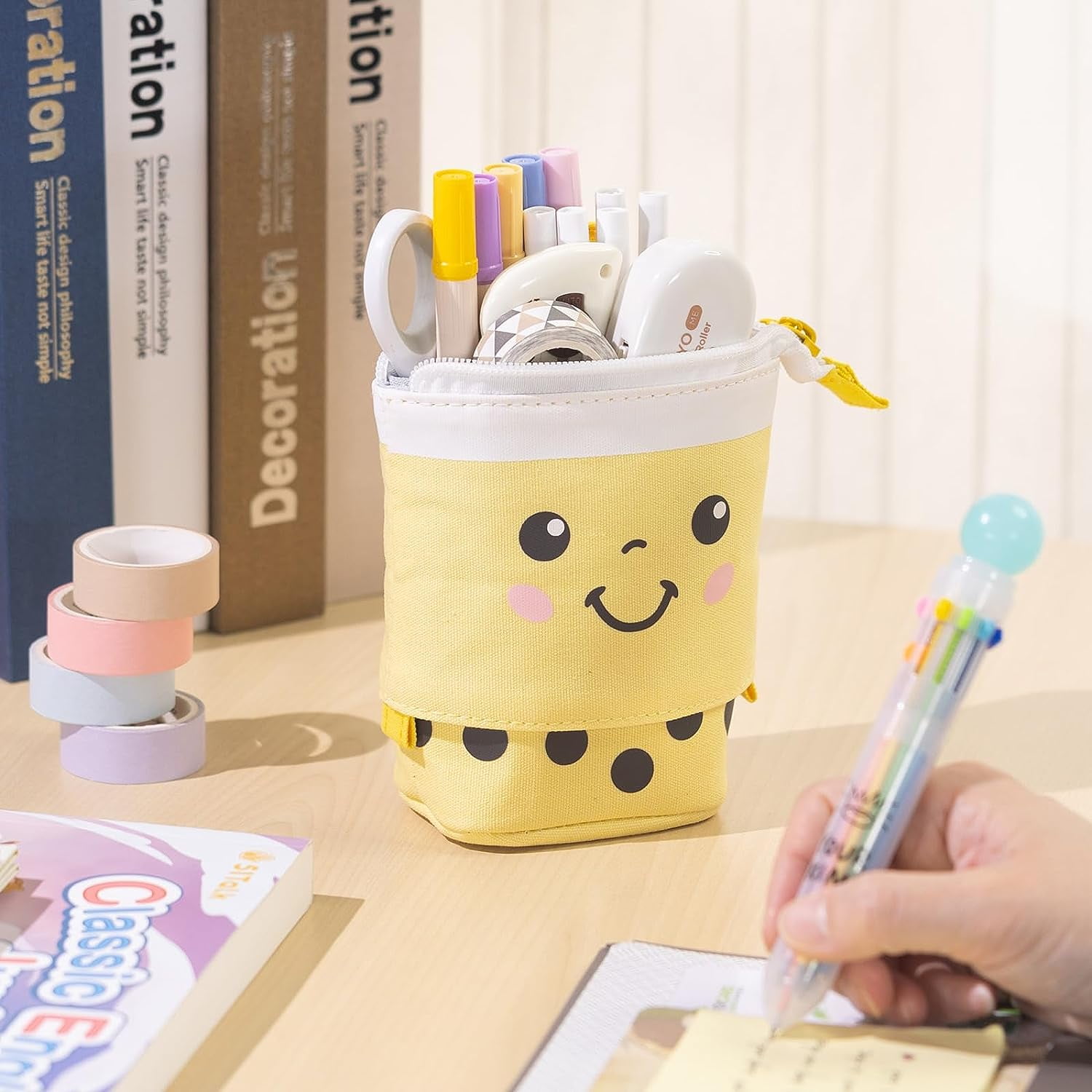  228 Pcs Kawaii Stationary Set Include Telescopic Boba Pencil  Pouch Case Bag Gel Ink Pen Sticky Note Bubble Tea Sticker Pill Highlighter  Stationary Cute School Supplies for Christmas (Classic) : Office