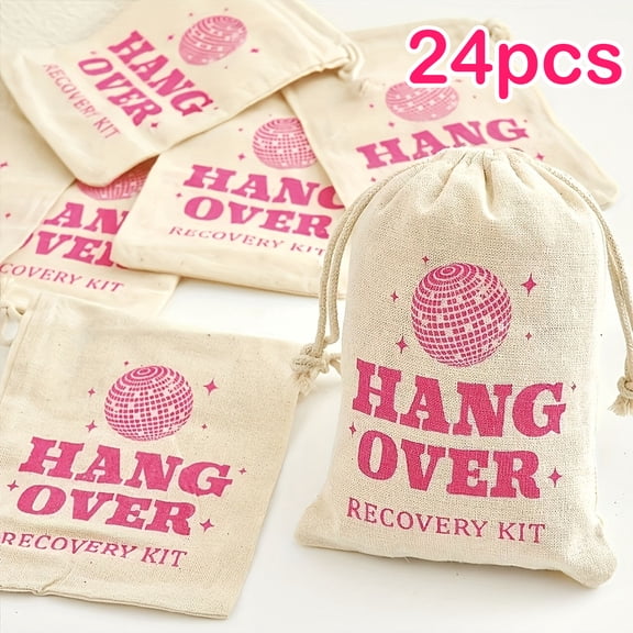 Pink Hangover Kit Drawstring Bags Set of 24, Reusable Cotton Linen Party Favor Gift Bags with Disco Ball Print for Wedding Celebration Spring Party, Small Storage Pouch for Gifts Candy Accessories