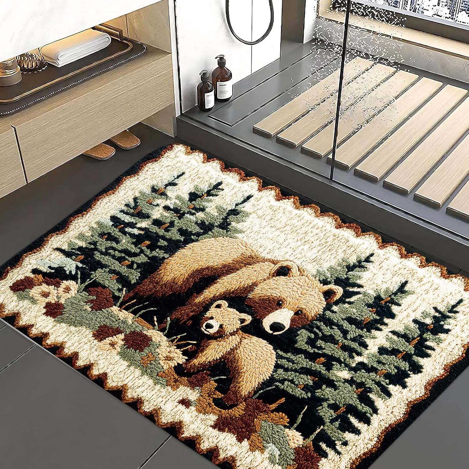 Bear Rug Farmhouse Bathroom Rugs Animal Brown Bear Forest Trees Rustic Cabin Carpet Camping Bath Rug Sets for Bathroom Bedroom Kitchen Outdoor Indoor, 19X31in