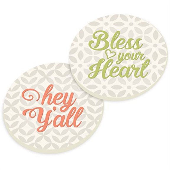 Hey Y'all Bless Your Heart Floral White Gray 2.75 x 2.75 Absorbent Ceramic Car Coasters Pack of 2