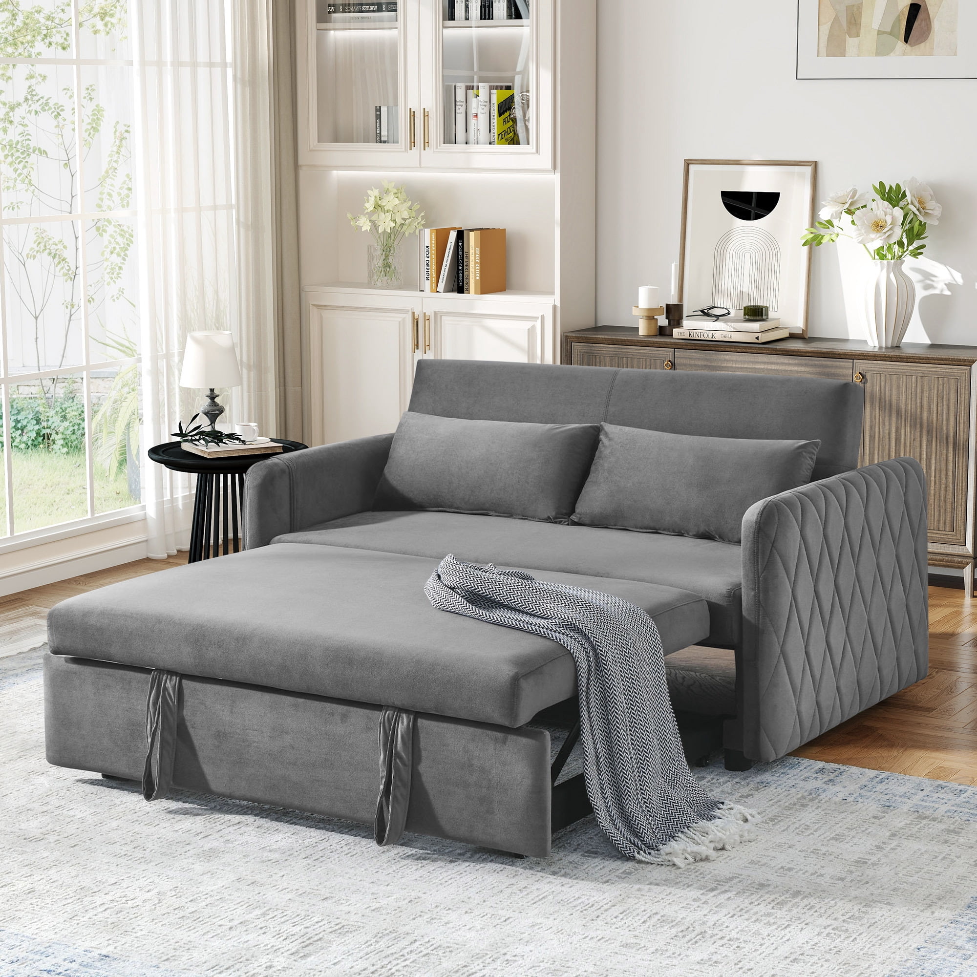 Lunale Convertible Futon Sofa Bed for Living Room, Modern Upholstered Loveseat Sleeper in Gray