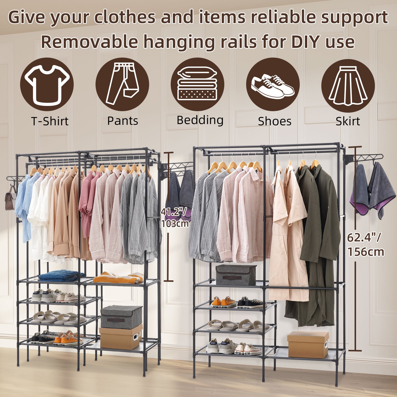 Metal Garment Rack,Hanging Clothes Rack Storage Shelves with 2 Side Hooks,Portable Freestanding Multifunctional Wardrobe Closet