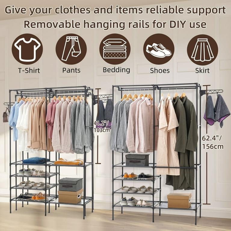 HONEIER Metal Garment Rack, Clothes Rack with Shelves and Hooks
