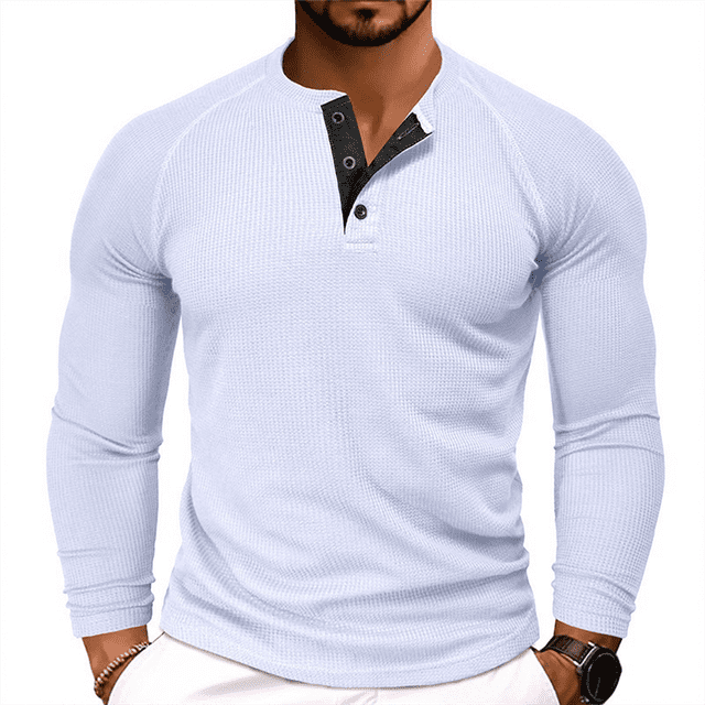 Men's Henley T-Shirt Long Sleeve Casual Button Pullover Shirts Soft Stretch Basic Waffle Tees Fall Tops White L