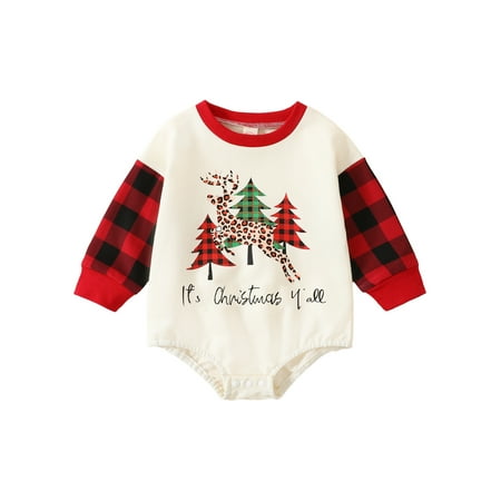 

Gureui Toddler Infant Baby Girls Boys Romper Plaid Tree Elk Letter Print Round Neck Long Sleeve Casual Bodysuit
