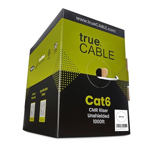 TRUE CABLE Cat6 Riser (CMR), 1000 Pi, Blanc, 23 AWG 4 Paires Cuivre Plein Nu, 550 MHz, Homologué ETL, Paire Torsadée Non Blindée (UTP), Câble Ethernet en Vrac
