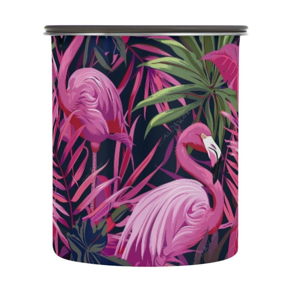 Pink Flamingo Leaf Airtight Coffee Bean Canister 30oz Food Storage Containers with Lids For Gournd, Tea, Sugar, Flour, Rice, Cereal, Candy Cookie Jar