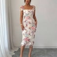 thumbnail image 5 of Aqua Green Womens Floral Mesh Ruched Midi Dress With Square Neckline And Ruffled Cap Sleeves, 5 of 7