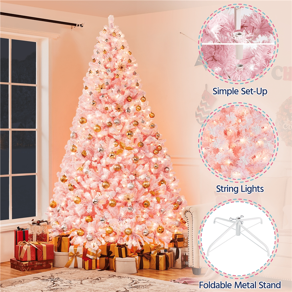 Alden Design 9Ft Pre-lit Flocked Artificial Christmas Tree with Incandescent Warm White Lights, Pink