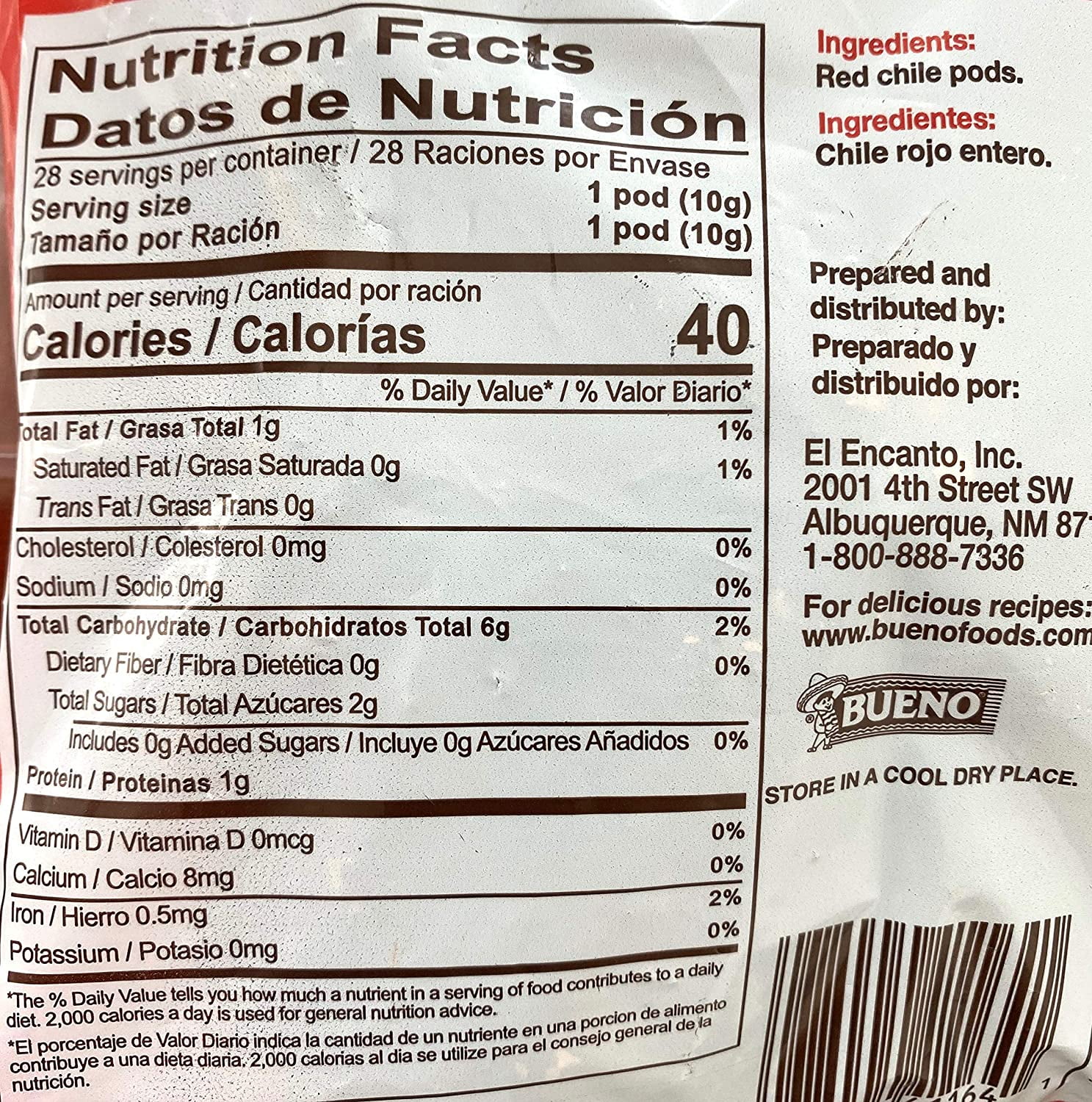Bueno Foods Mild Red Chile Pods, 10oz. Does Not Contain Any of the 9 Major FDA Defined Allergens.