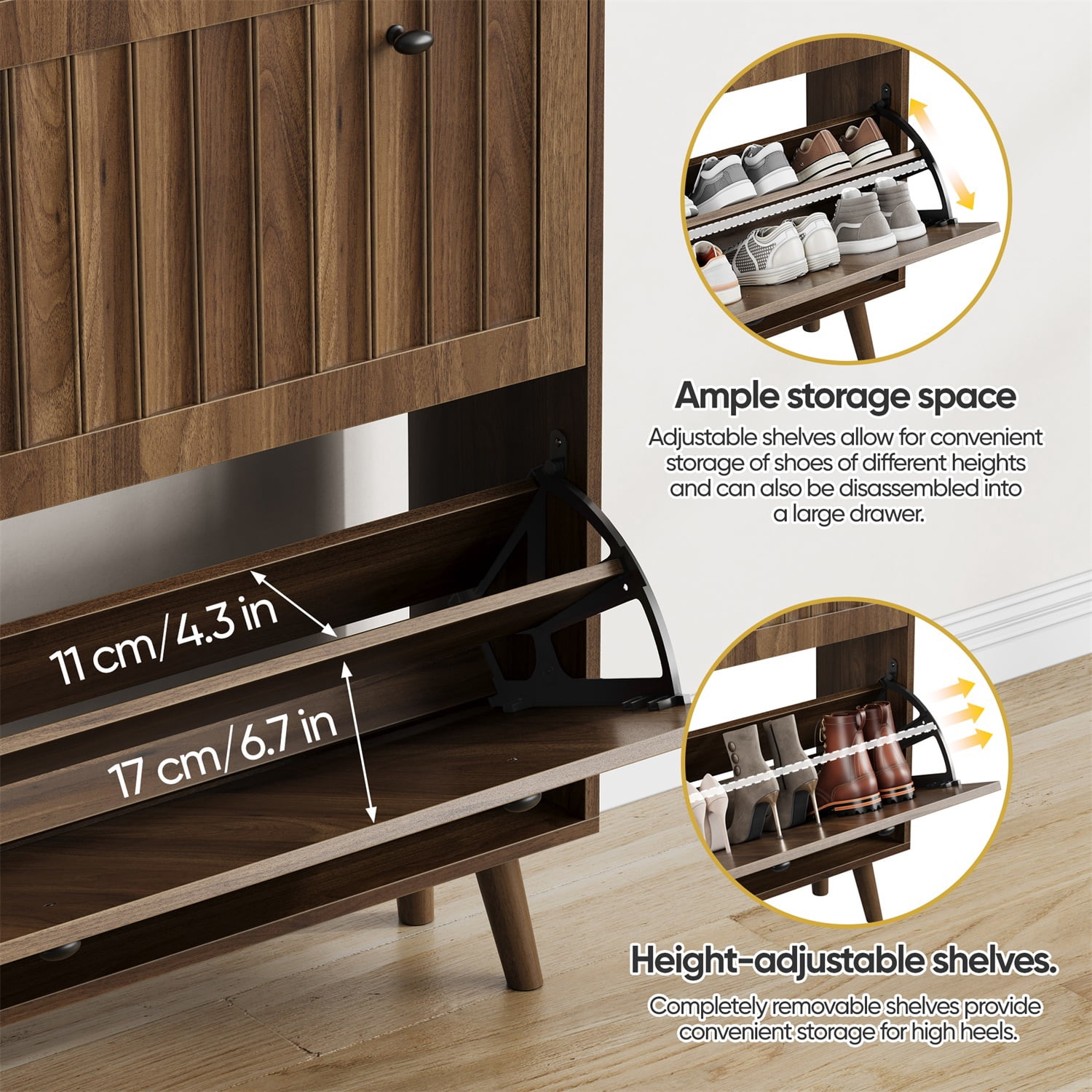 Hommoo Modern 2 Flip Drawers 31.5" Shoe Cabinet with Vertical Grooved Finish and Solid Wood Legs, Storage Shoe Cabinet for Hallways, Walnut