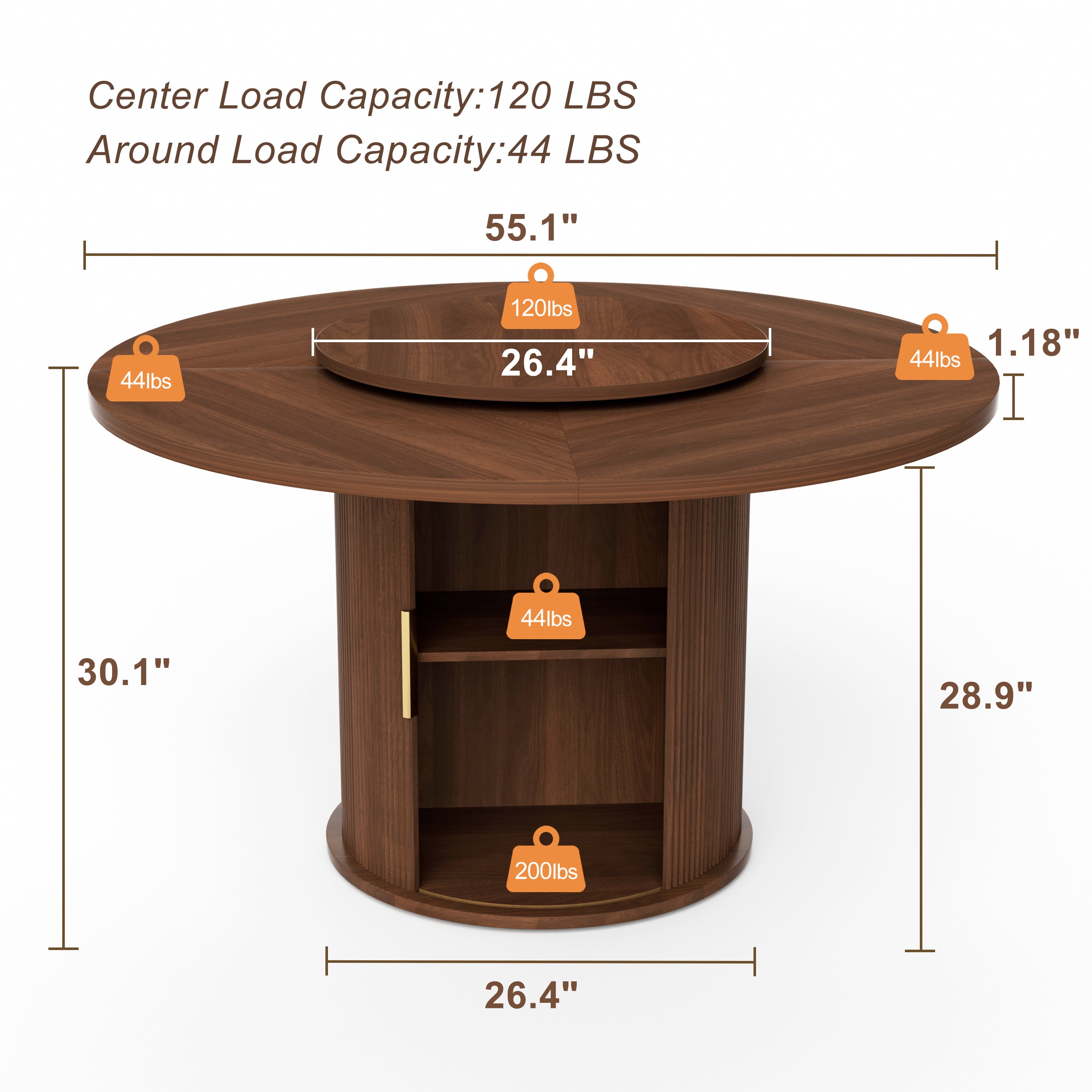 Miniyam 55" Round Rotating Dining Table with Storage Shelves, Wood Cylindrical Base with Fluted Design, Thick Tabletop Lazy Susan Table for 6, Walnut