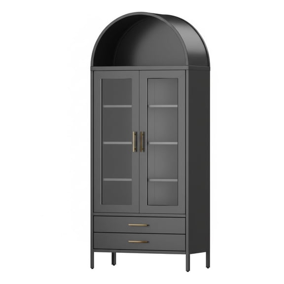 TROPOW 73 in Tall Arched Cabinet with Glass Doors & 2 Storage Drawers, Modern Display Cabinet with 2 Adjustable Shelves, Kitchen Pantry Storage Cabinet for Living Dinning Room, Black