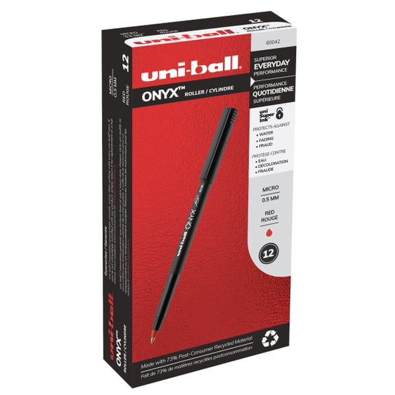 uni-ball® Onyx® Rollerball Pens, Micro Point, 0.5 mm, Black Barrel, Red Ink, Pack Of 12