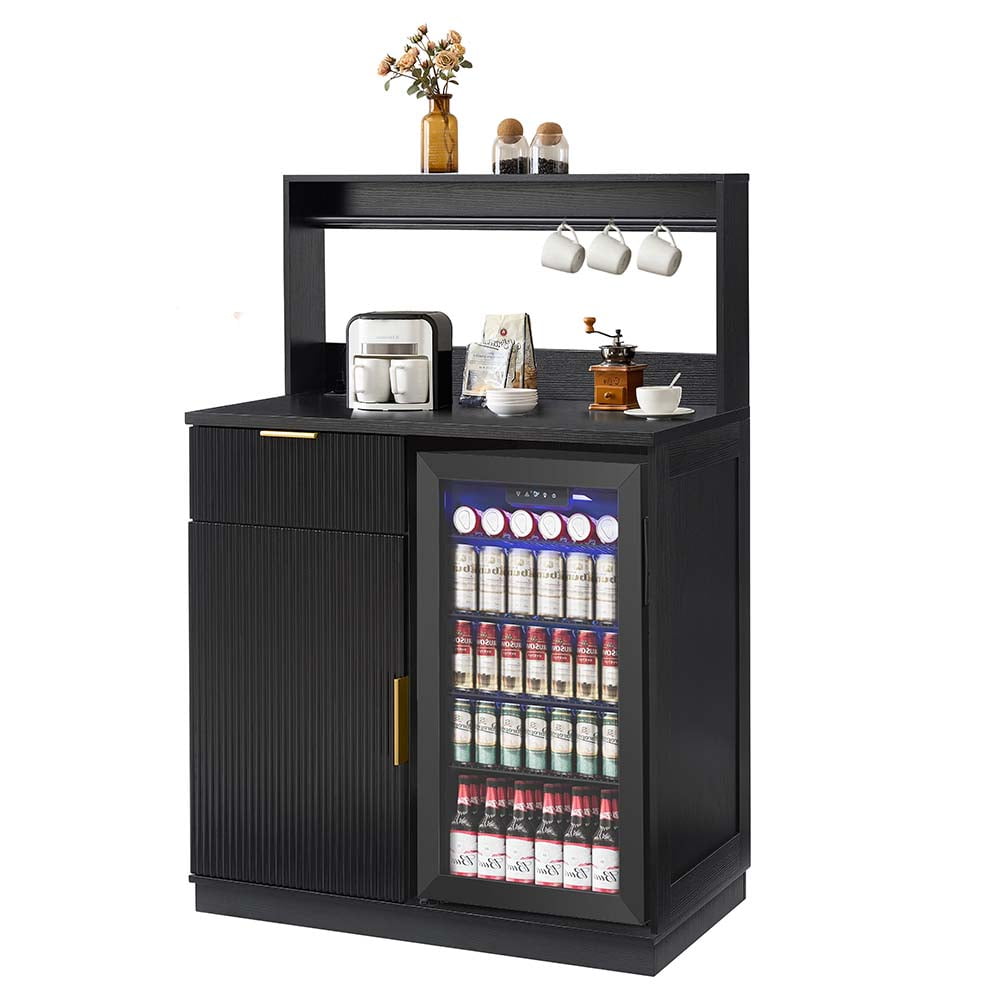 Rosary Blenn Coffee Bar Cabinet with Mini Fridge Space and Power Outlet, 39" Matte Black Wood Grain Finish Kitchen Cabinet with Drawer