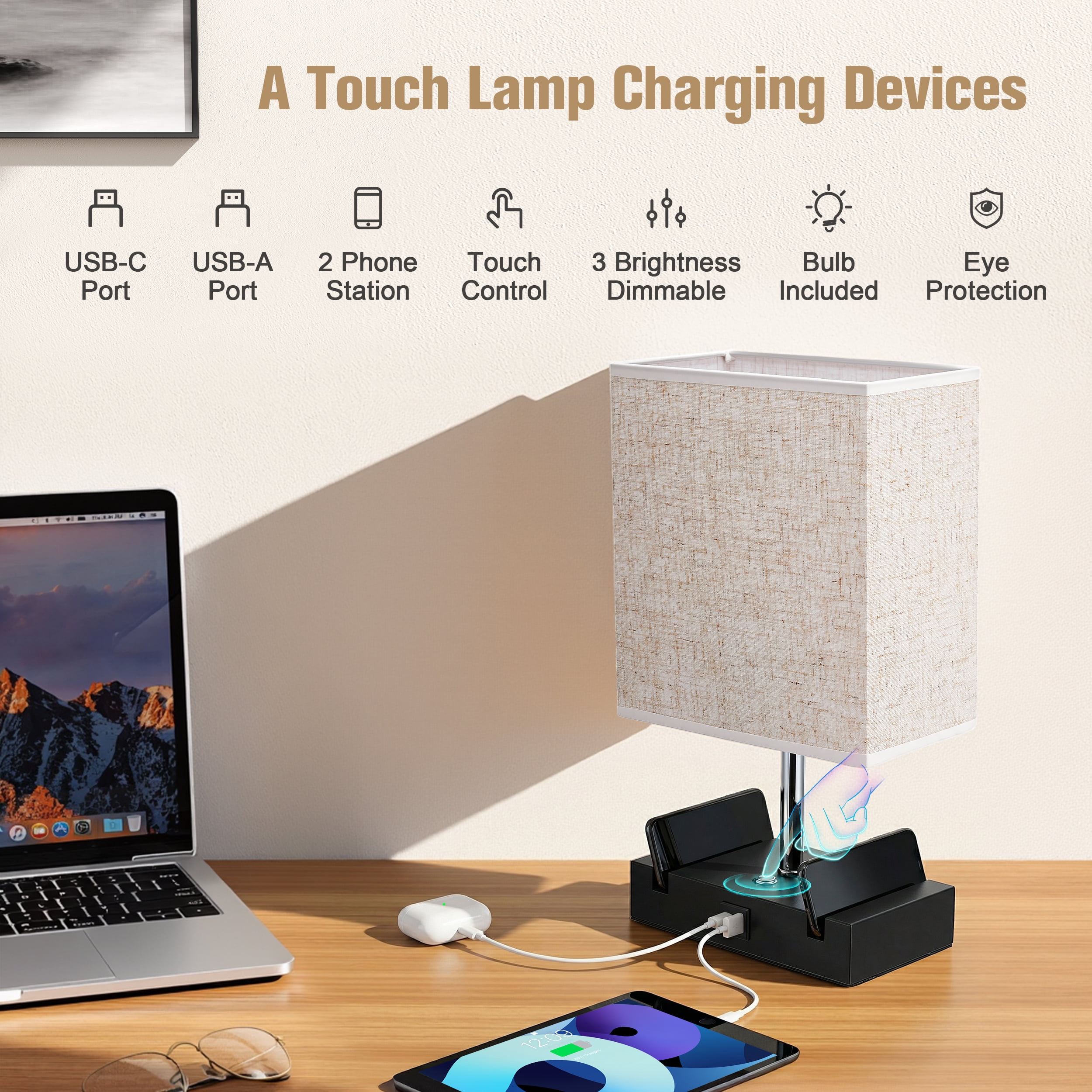Doulami Table Lamp for Bedroom with 3 Way Dimmable Touch Control, Bedside Table Lamp with 2 USB Charging Ports and 2 Phone Stands, Nightstand Lamp with E26 Light Bulb, Desk Lamp with Fabric Shade for