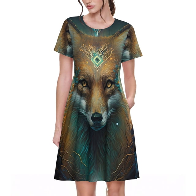Easygdp Vintage Pattern Fox para Vestido Transpirable de Mujer, Vestido Suelto de Manga Corta con Pliegues y Bolsillos para el Verano