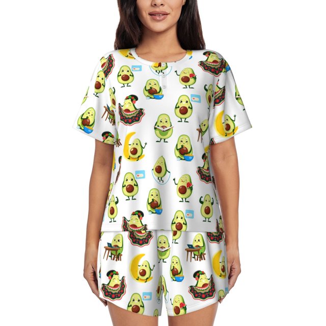 Balery Funny Avocado In Mexican Clothes Conjunto de Pijama para Mujer con Estampado, Dos Piezas de Manga Corta y Shorts, Ropa de Dormir Suave con Cuello Redondo y Bolsillos-Large