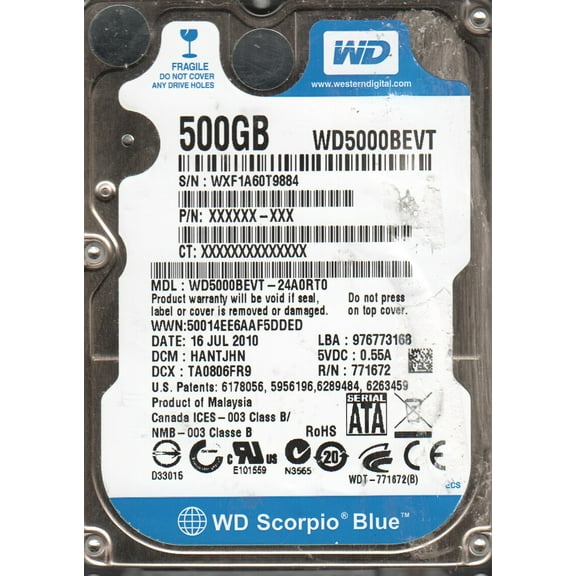 WD5000BEVT-24A0RT0, DCM HANTJHN, Western Digital 500GB SATA 2.5 Hard Drive