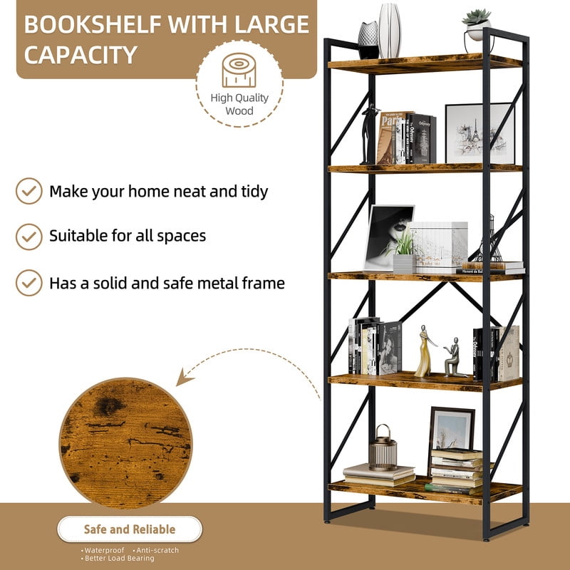 Walsunny Bookshelves Wooden Bookcases 5 Tiers H-Shaped Bookshelf with 5 Open Display Shelves Brown