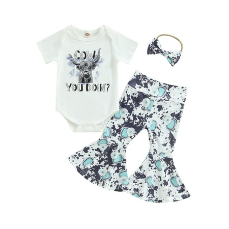 

Vigorbear Summer Toddler Baby Girls Clothes Short Sleeve Bull Head Romper T-Shirt Tops Bell-Bottoms Pants HeadbBand 3Pcs Outfits