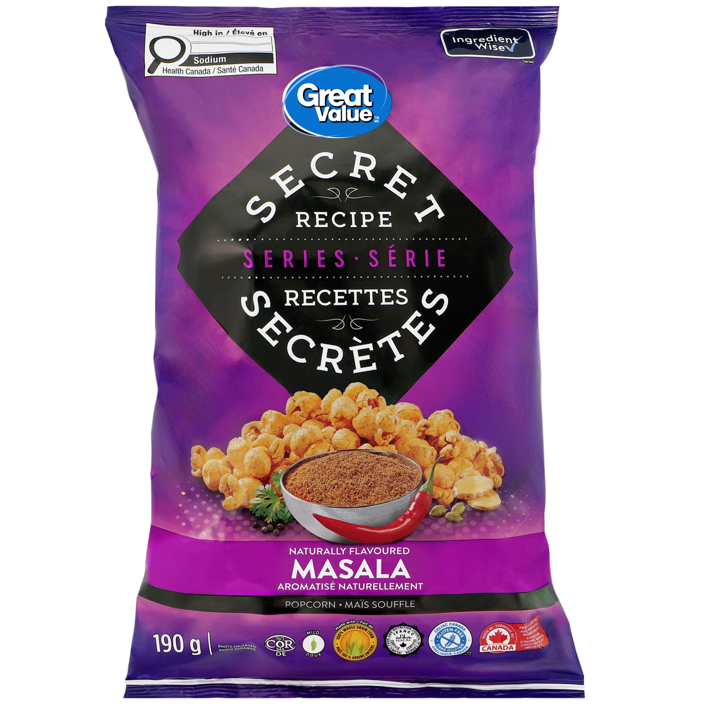 Maïs soufflé aromatisé naturellement au Masala Série Recettes Secrètes Great Value 190 g