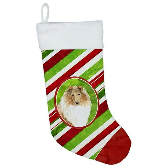 Caroline's Treasures Collie Candy Stripe Multi-color Christmas Stocking, with Soft Suede Fabric 18"
