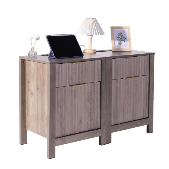 KFFKFF Rustic Duo End Tables, Bedside Unit with Power Hub, Triple-Layered Side Table featuring Storage Cupboard and Dual Drawers, Equipped with USB Connectors and Power Sockets