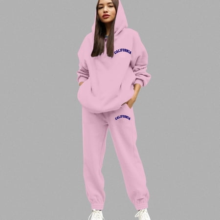 Huowey Sweatsuits Women 2 Piece Outfit Fall Loungewear Set Letter Graphic Hoodie And Joggers Pants Long Sleeve Leisure Vacation Clothes Pink M